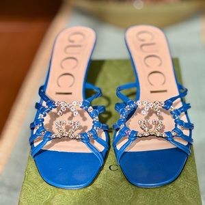 Gucci Crystal GG Logo Strappy sandals with kitten heel